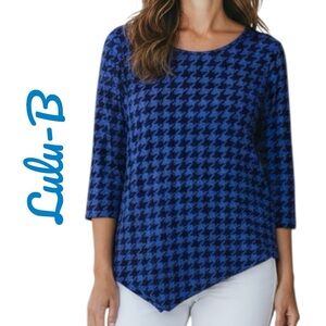 Lulu-B UPF 50+ Top Blue Black Houndstooth Print 3/4 Sleeve Asymmetric XS NEW